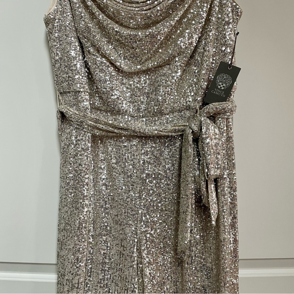 NWT Vince Camuto Silver Sequin Cowl Neck Sleeveless Tie Waist Wide Leg Jumpsuit - Picture 5 of 16